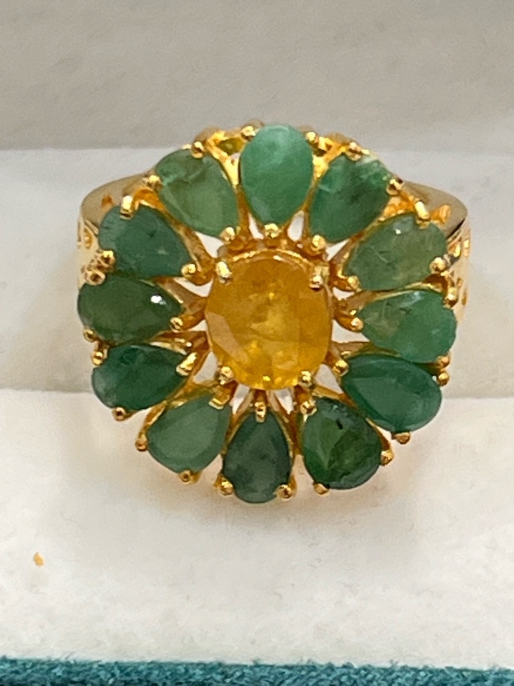 Appraised genuine Emerald and yellow sapphire flower ring